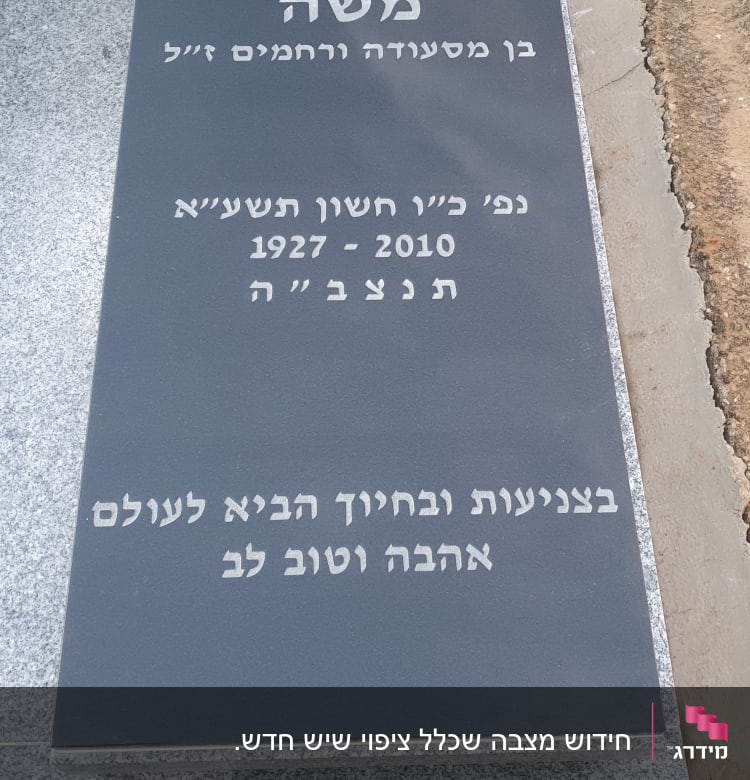 מצבה עם כיתוב בעברית על רקע שיש אפור